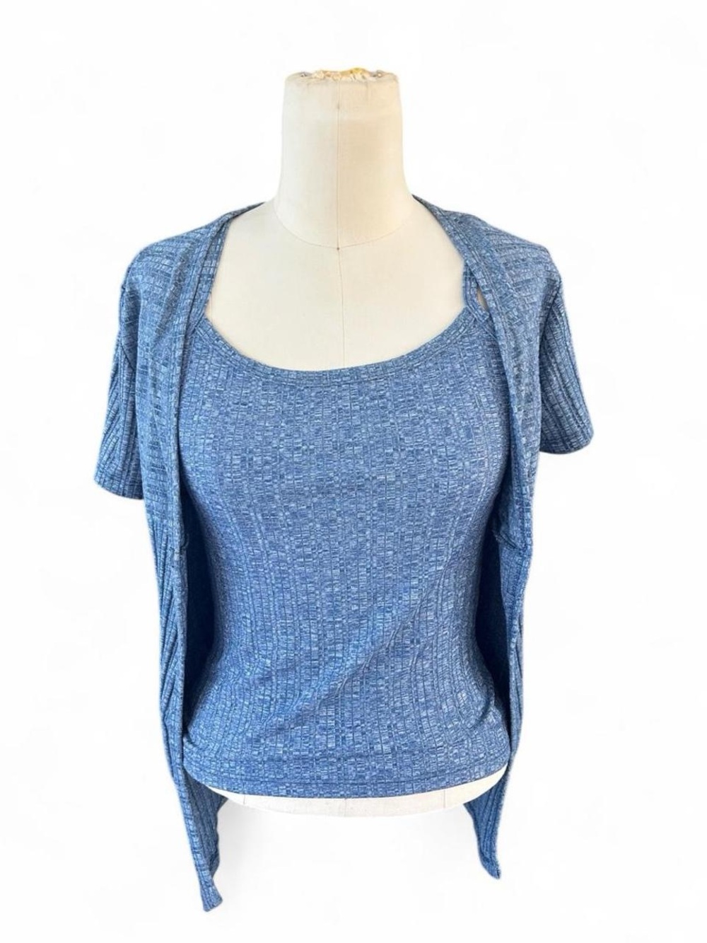 Vintage Joule Coord Blue Heathered Short-Sleeve Cardigan and Tank Set